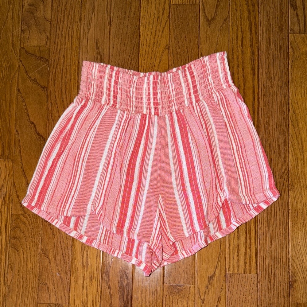 Billabong Pink and White Striped High-Waist Smocked Shorts